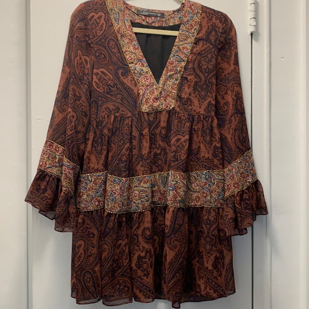 Zara Rust Brown Paisley Midi Dress with Multicolor Trim